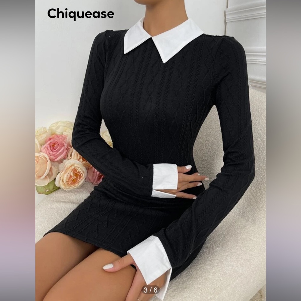 Elegant Black and White Cable Knit Dress